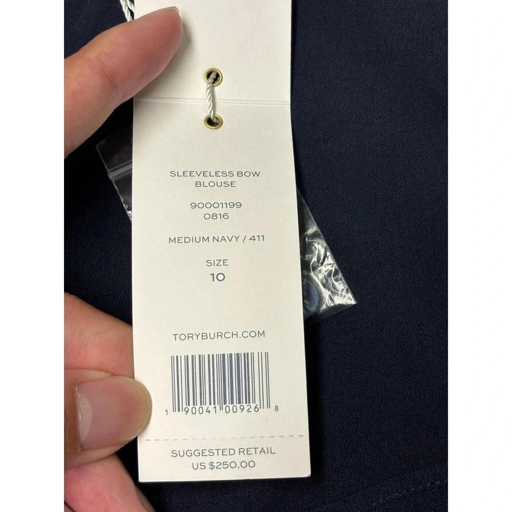 NWT Tory Burch Sleeveless Bow Blouse Navy Blue Mock Neck Top Womens Size 10 $250
